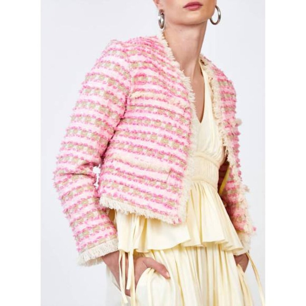 Hunter Bell Coco Jacket (Sz 10) Pink Tweed Striped Open Fringe